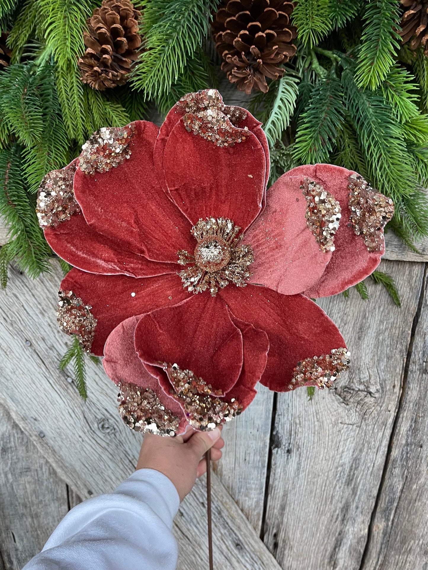 21" Rose Gold Velvet Magnolia, Christmas Magnolia, Faux Magnolia Stem