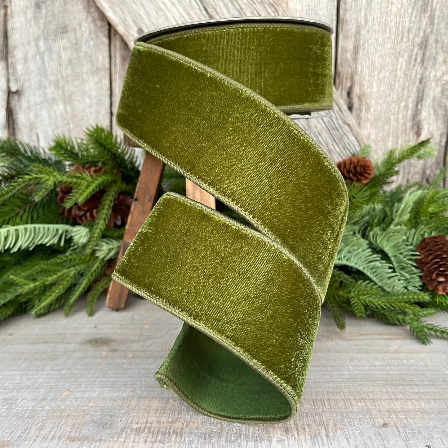 2.5" Forest Green Velvet Ribbon, Farrisilk Ribbon, Wired Ribbon