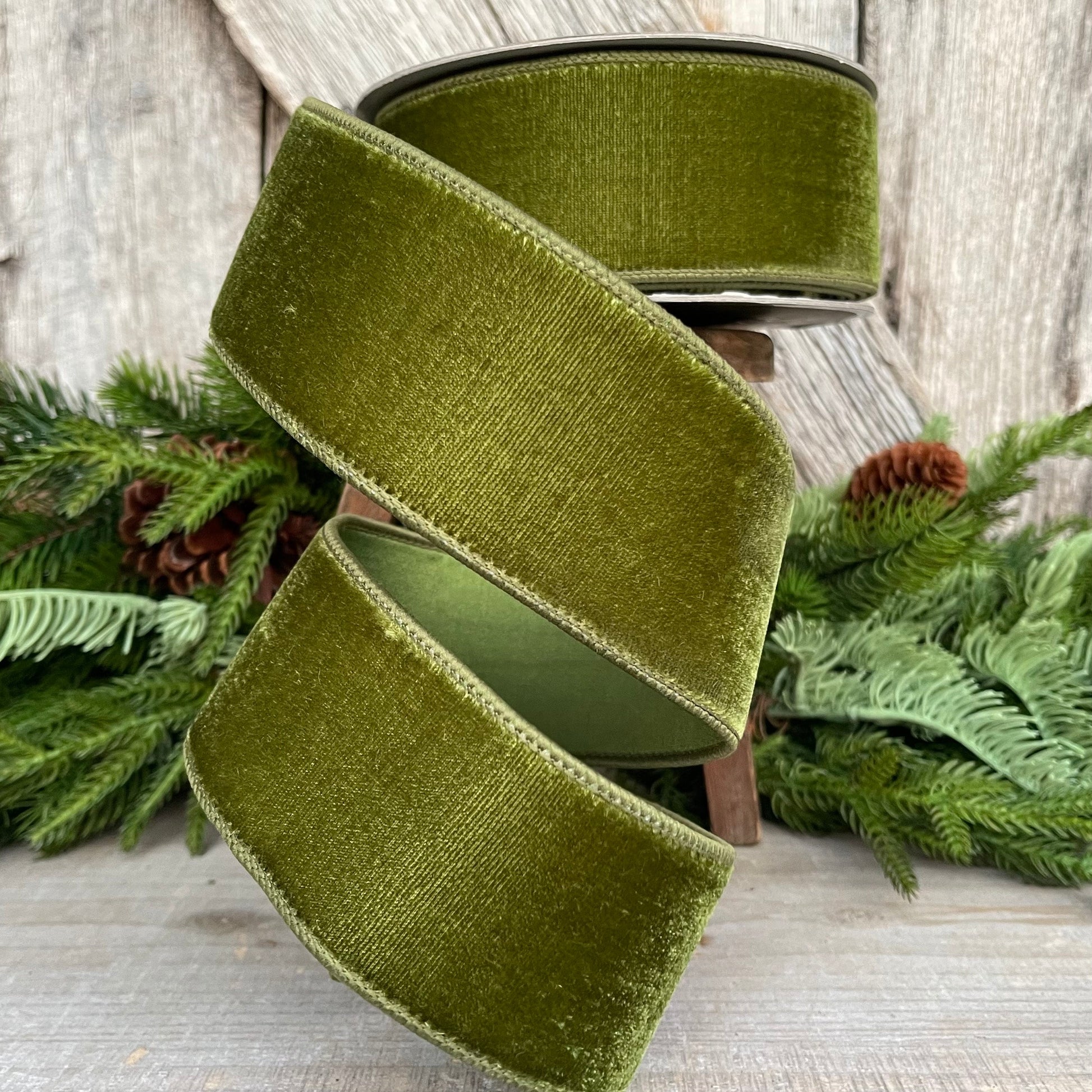 2.5" Forest Green Velvet Ribbon, Farrisilk Ribbon, Wired Ribbon