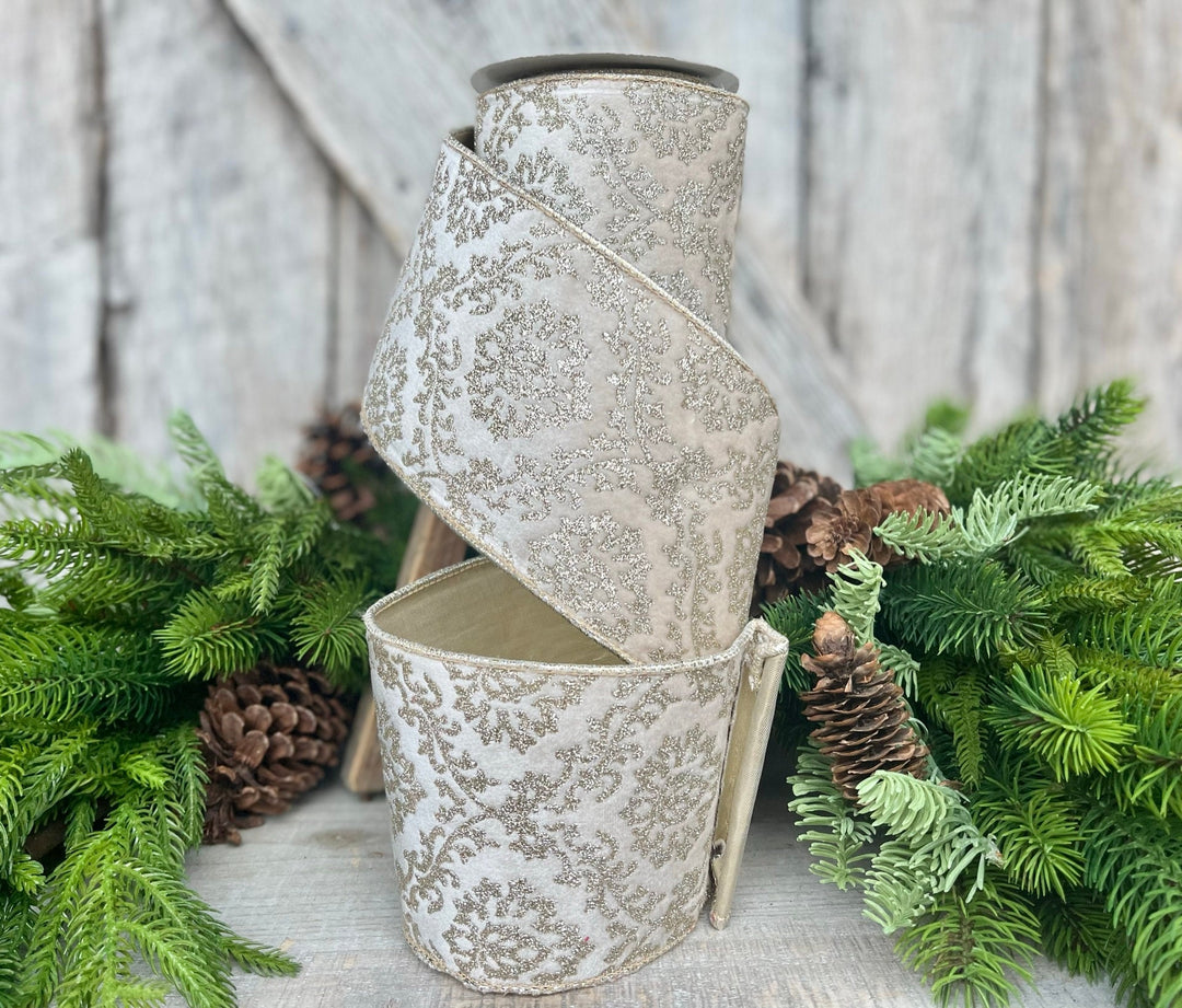 4" Ivory Gold Velvet Christmas Ribbon, 4" Ivory and Gold Filigree Wired Edge, Christmas Tree RIbbon