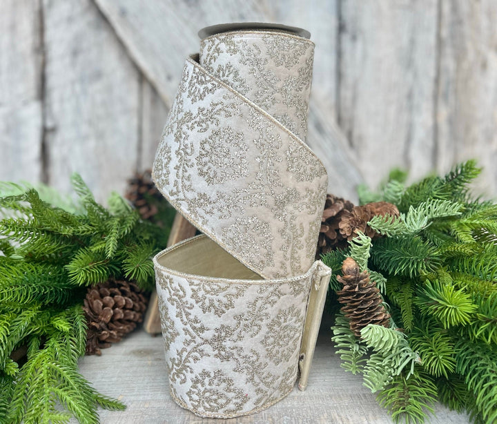 4" Ivory Gold Velvet Christmas Ribbon, 4" Ivory and Gold Filigree Wired Edge, Christmas Tree RIbbon