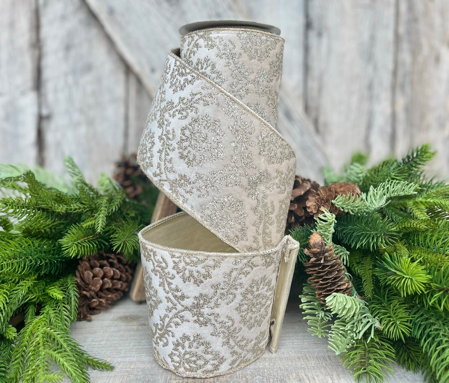 4" Ivory Gold Velvet Christmas Ribbon, 4" Ivory and Gold Filigree Wired Edge, Christmas Tree RIbbon