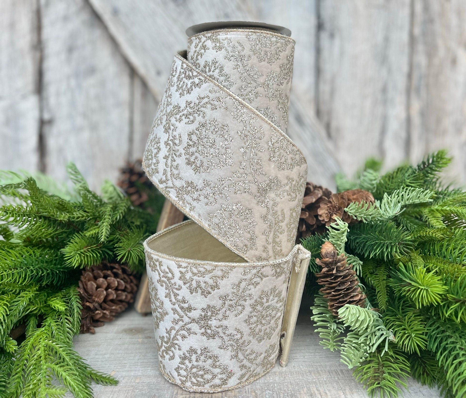 4" Ivory Gold Velvet Christmas Ribbon, 4" Ivory and Gold Filigree Wired Edge, Christmas Tree RIbbon