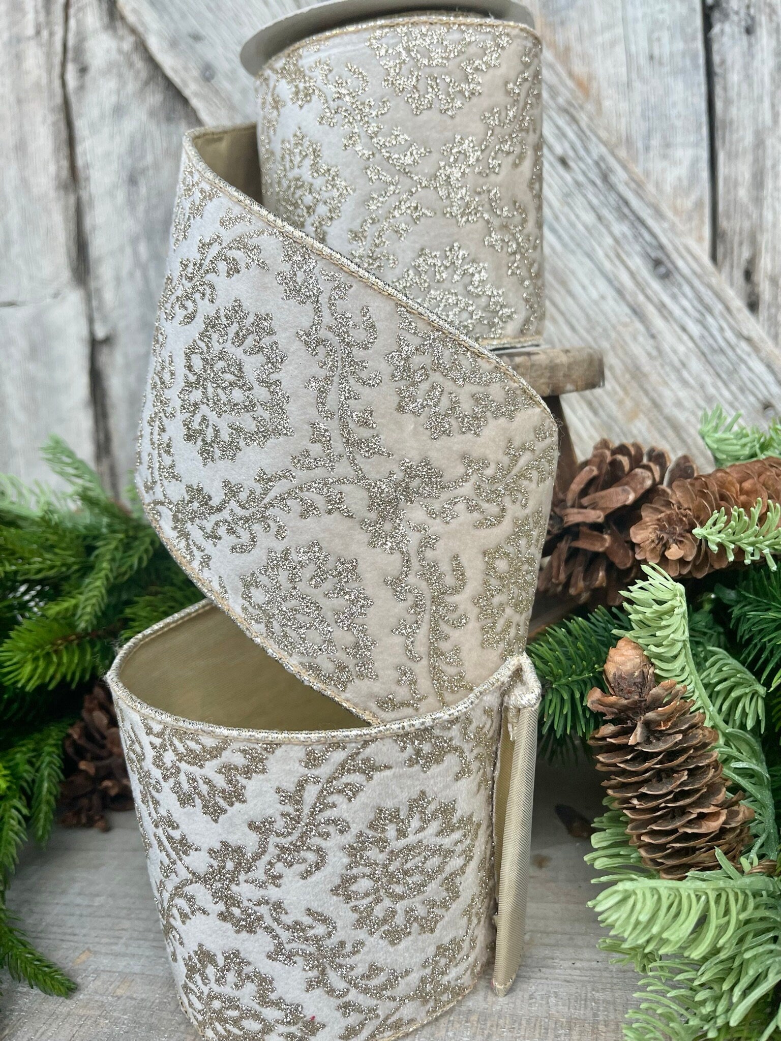 4" Ivory Gold Velvet Christmas Ribbon, 4" Ivory and Gold Filigree Wired Edge, Christmas Tree RIbbon