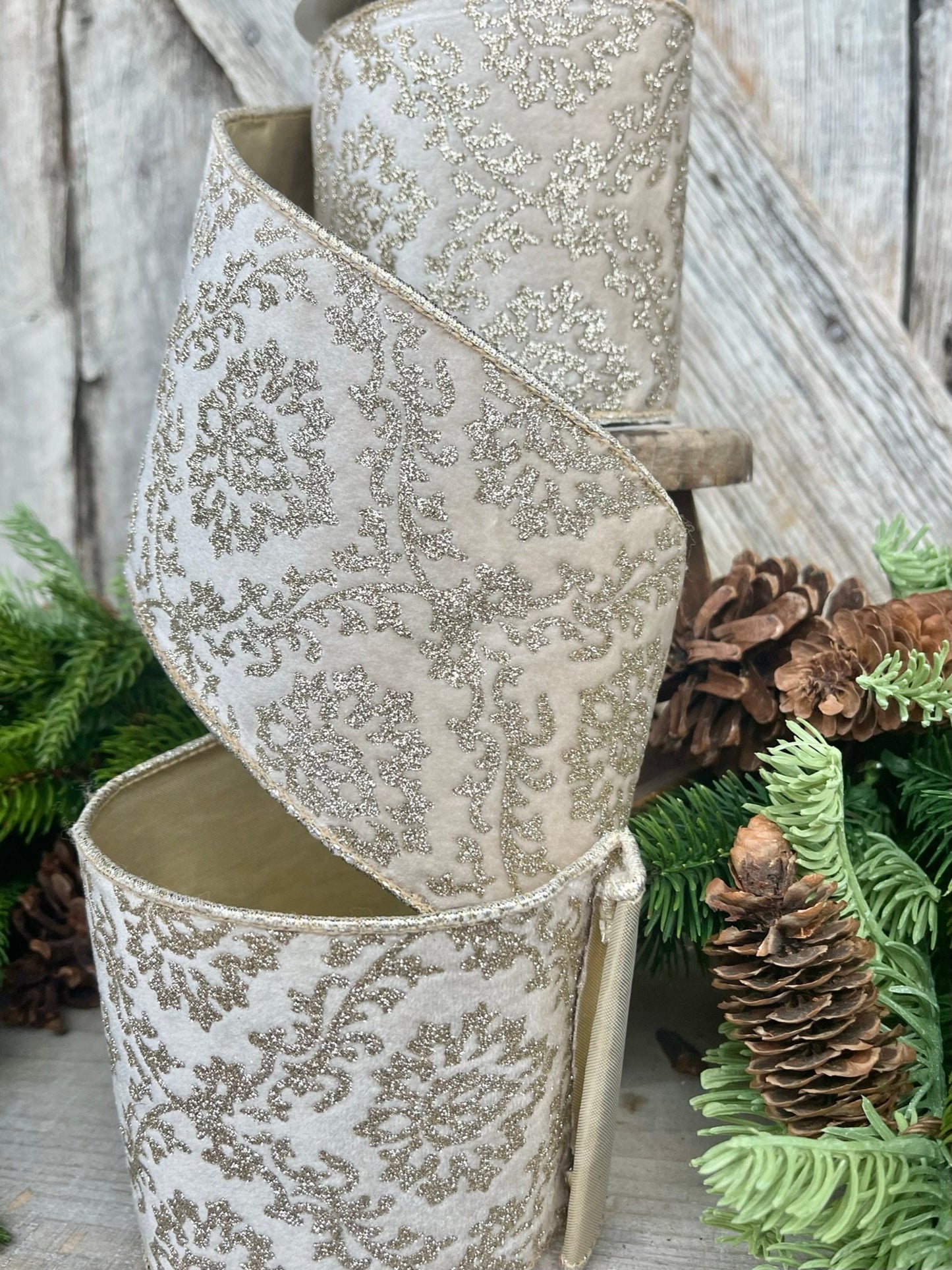 4" Ivory Gold Velvet Christmas Ribbon, 4" Ivory and Gold Filigree Wired Edge, Christmas Tree RIbbon