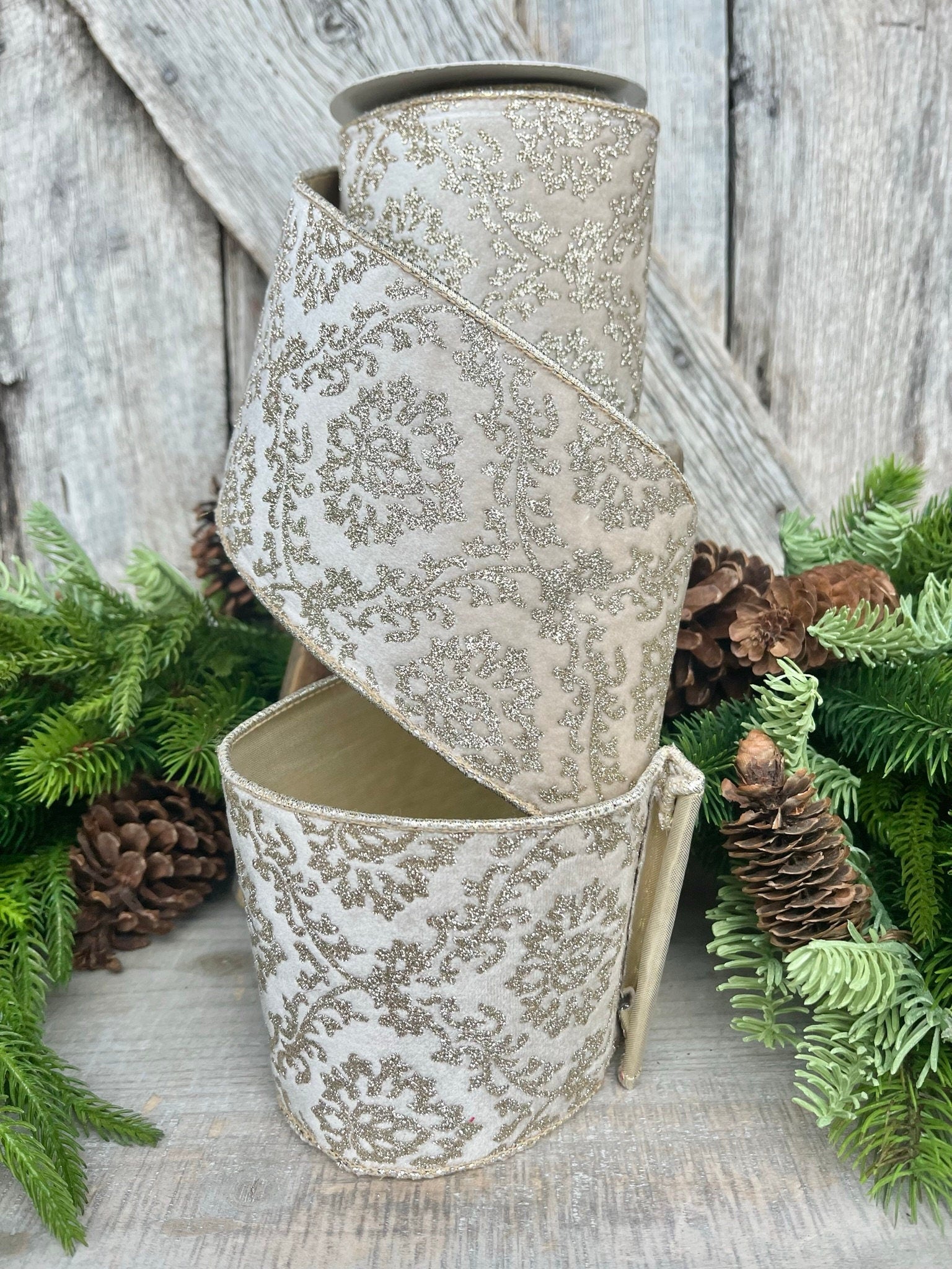 4" Ivory Gold Velvet Christmas Ribbon, 4" Ivory and Gold Filigree Wired Edge, Christmas Tree RIbbon