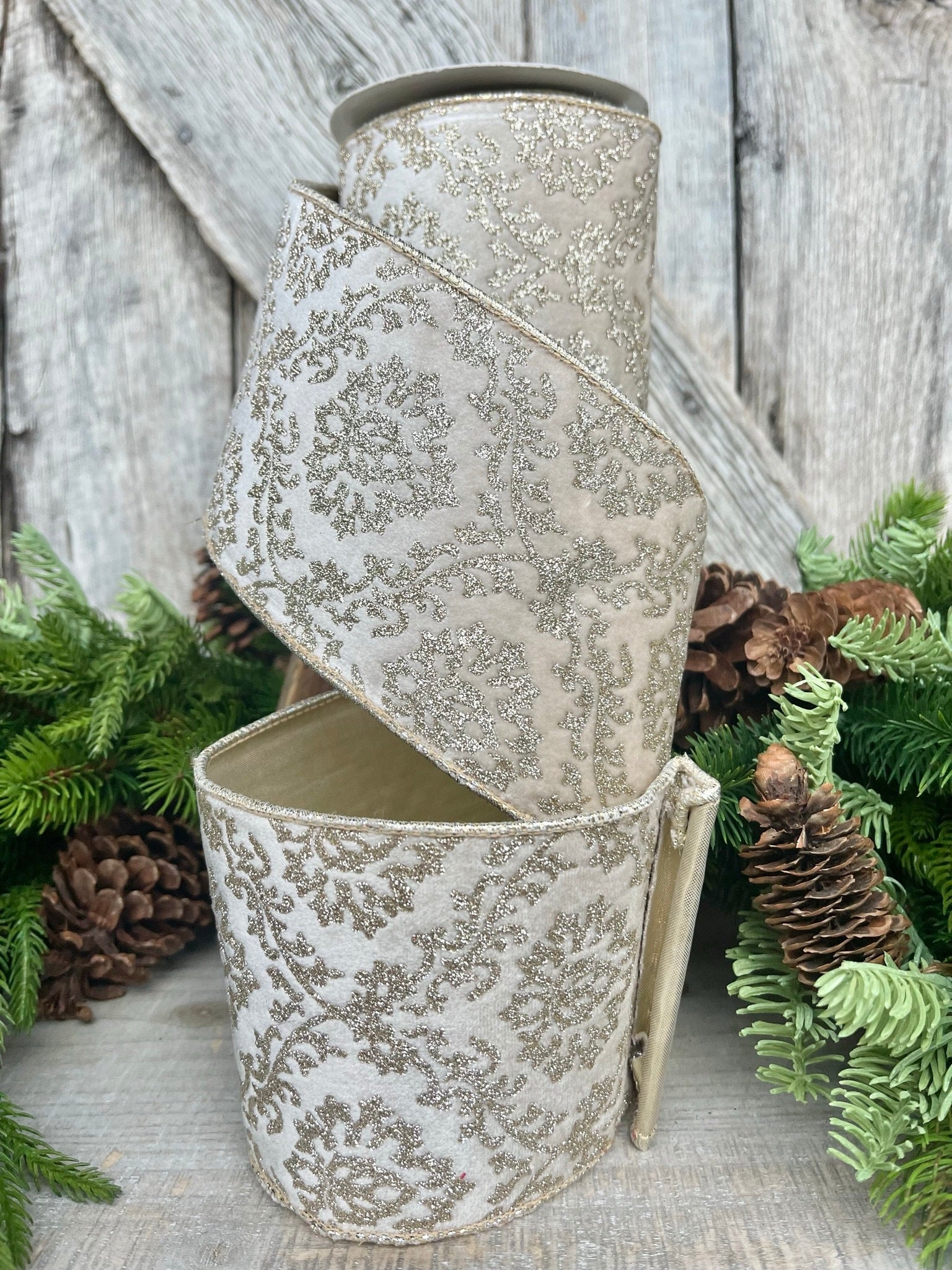 4" Ivory Gold Velvet Christmas Ribbon, 4" Ivory and Gold Filigree Wired Edge, Christmas Tree RIbbon