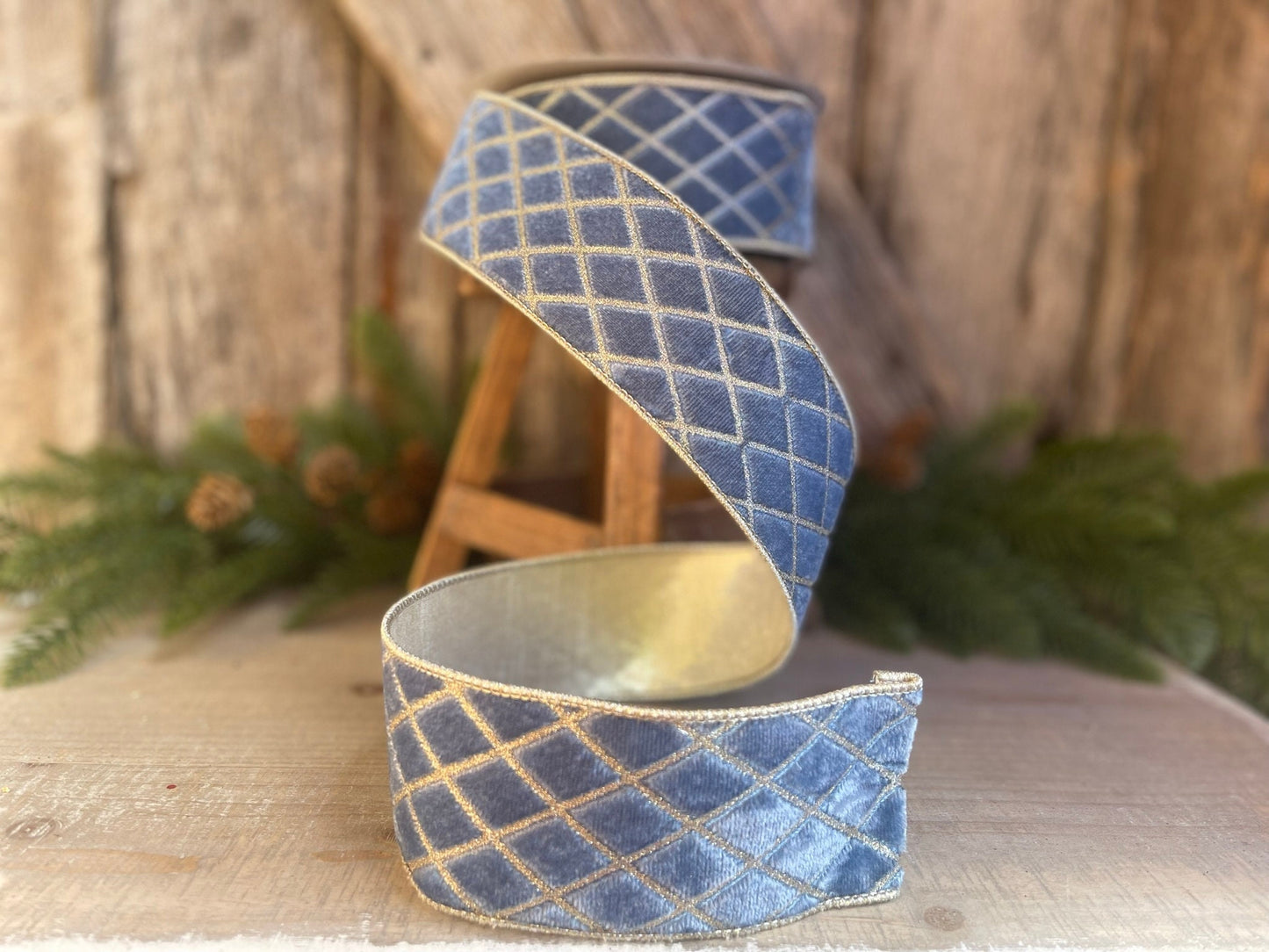 2.5" Steel BLUE Metallic Diamonds Velvet Ribbon, Farrisilk Ribbon, BLUE Velvet