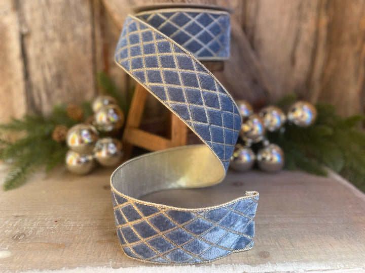 2.5" Steel BLUE Metallic Diamonds Velvet Ribbon, Farrisilk Ribbon, BLUE Velvet