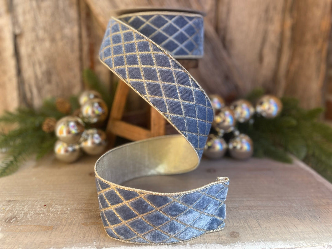 2.5" Steel BLUE Metallic Diamonds Velvet Ribbon, Farrisilk Ribbon, BLUE Velvet