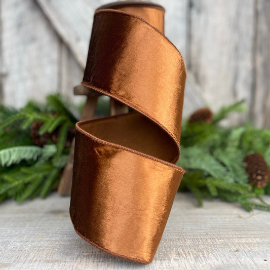 4” Bronze Wired Velvet Ribbon, Wired ribbon, Woodsy ribbon