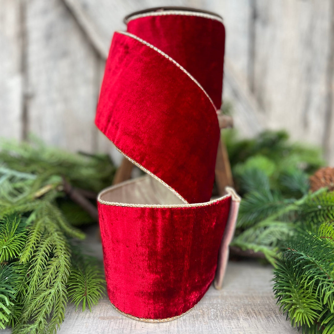 4" Red Plush Velvet RIbbon, Wired Ribbon, Red Velvet Ribbon
