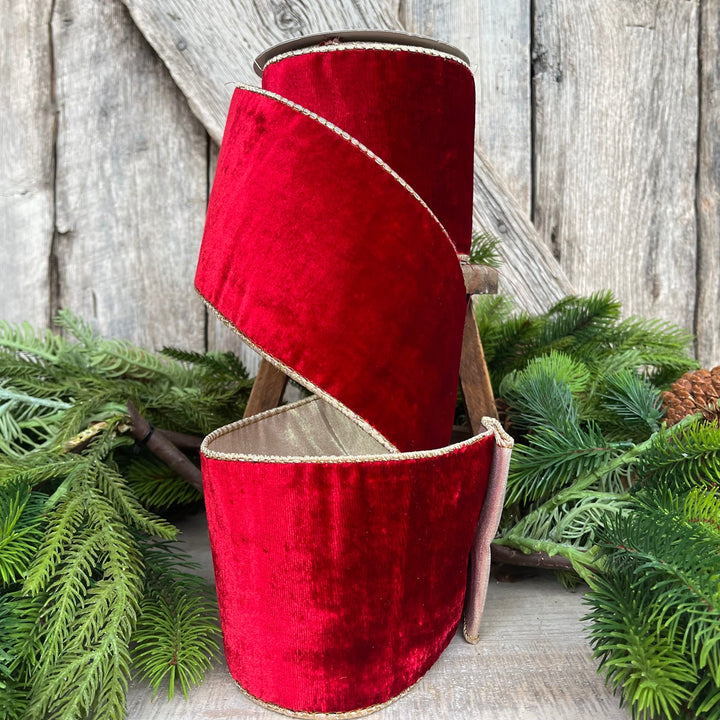 4" Red Plush Velvet RIbbon, Wired Ribbon, Red Velvet Ribbon