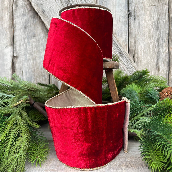 4" Red Plush Velvet RIbbon, Wired Ribbon, Red Velvet Ribbon