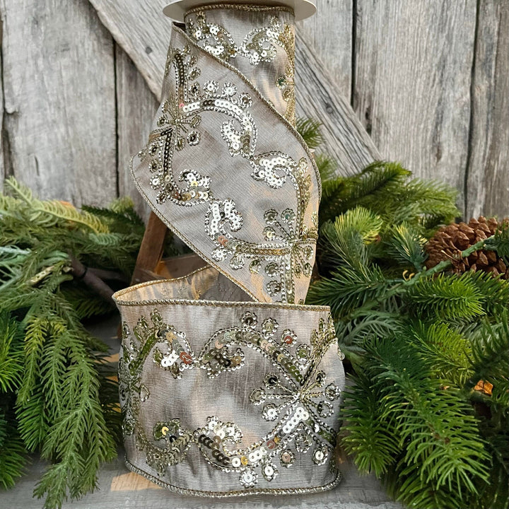 4" Champagne Gold Sequin Ribbon, 4 inch Wired Christmas Ribbon, Platinum Gold Sequin Ribbon