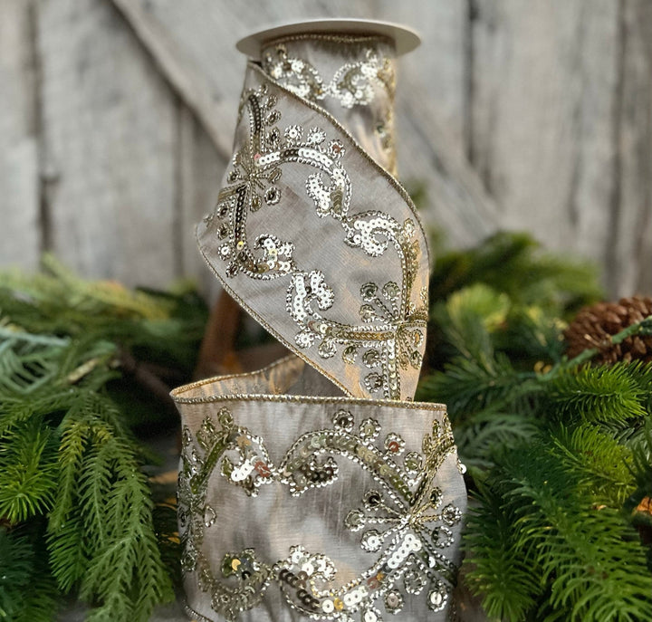 4" Champagne Gold Sequin Ribbon, 4 inch Wired Christmas Ribbon, Platinum Gold Sequin Ribbon