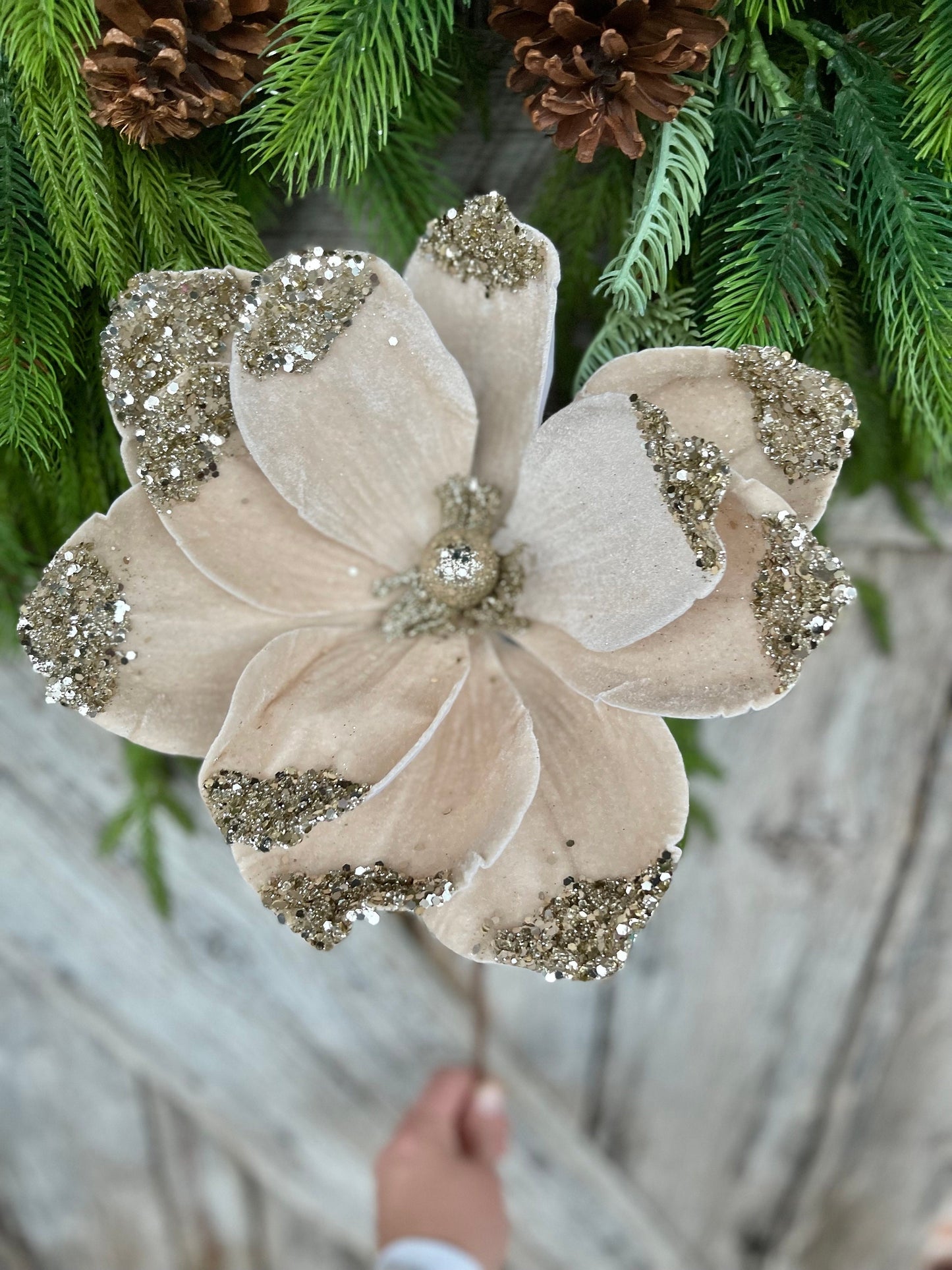21" Champagne Velvet Magnolia, Christmas Magnolia, Faux Magnolia Stem