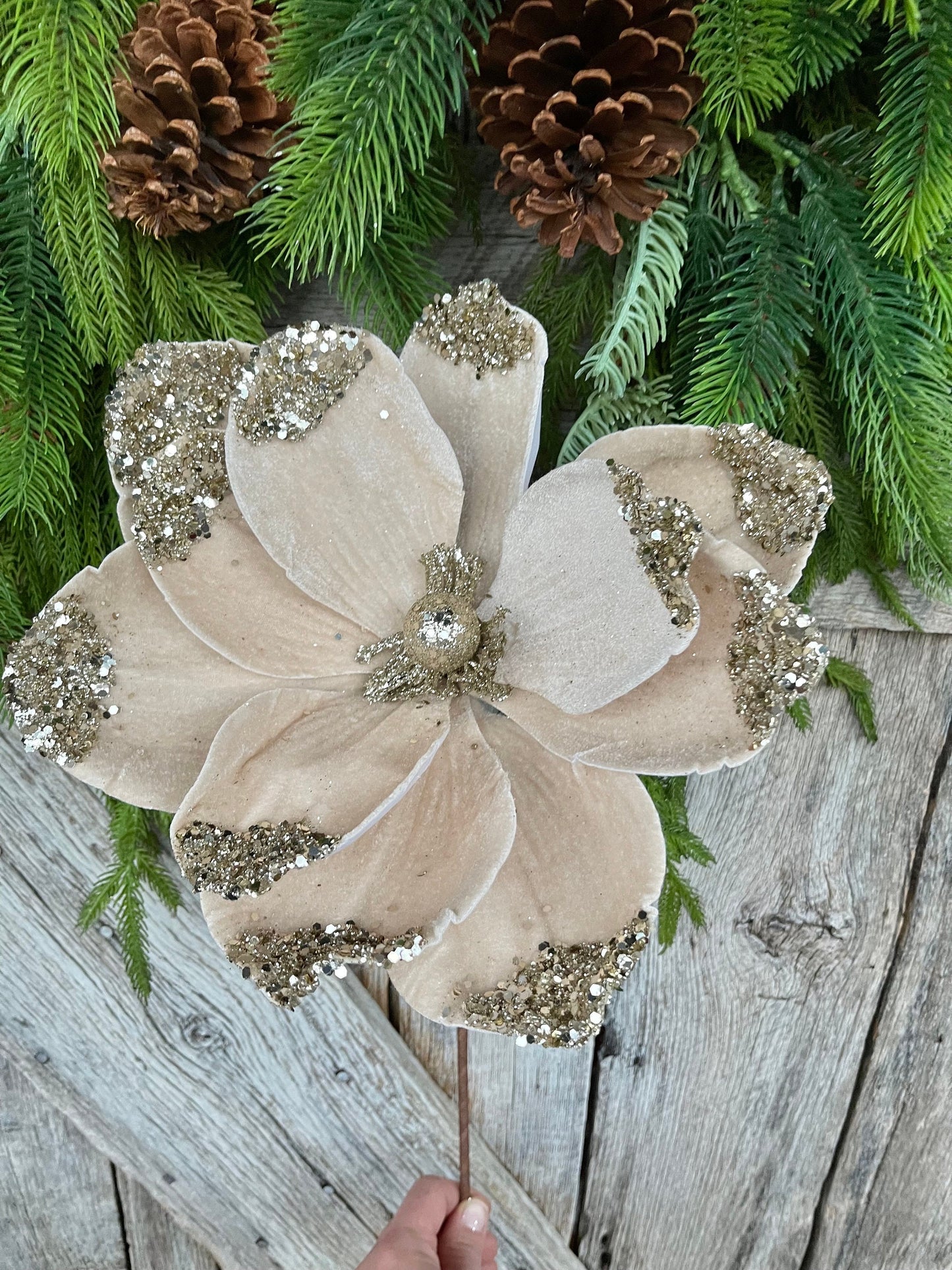 21" Champagne Velvet Magnolia, Christmas Magnolia, Faux Magnolia Stem