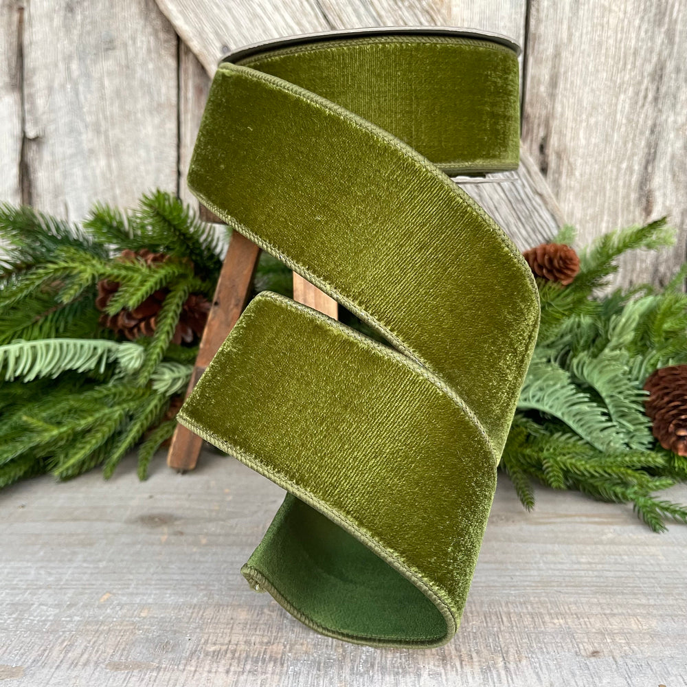 2.5" Forest Green Velvet Ribbon, Farrisilk Ribbon, Wired Ribbon