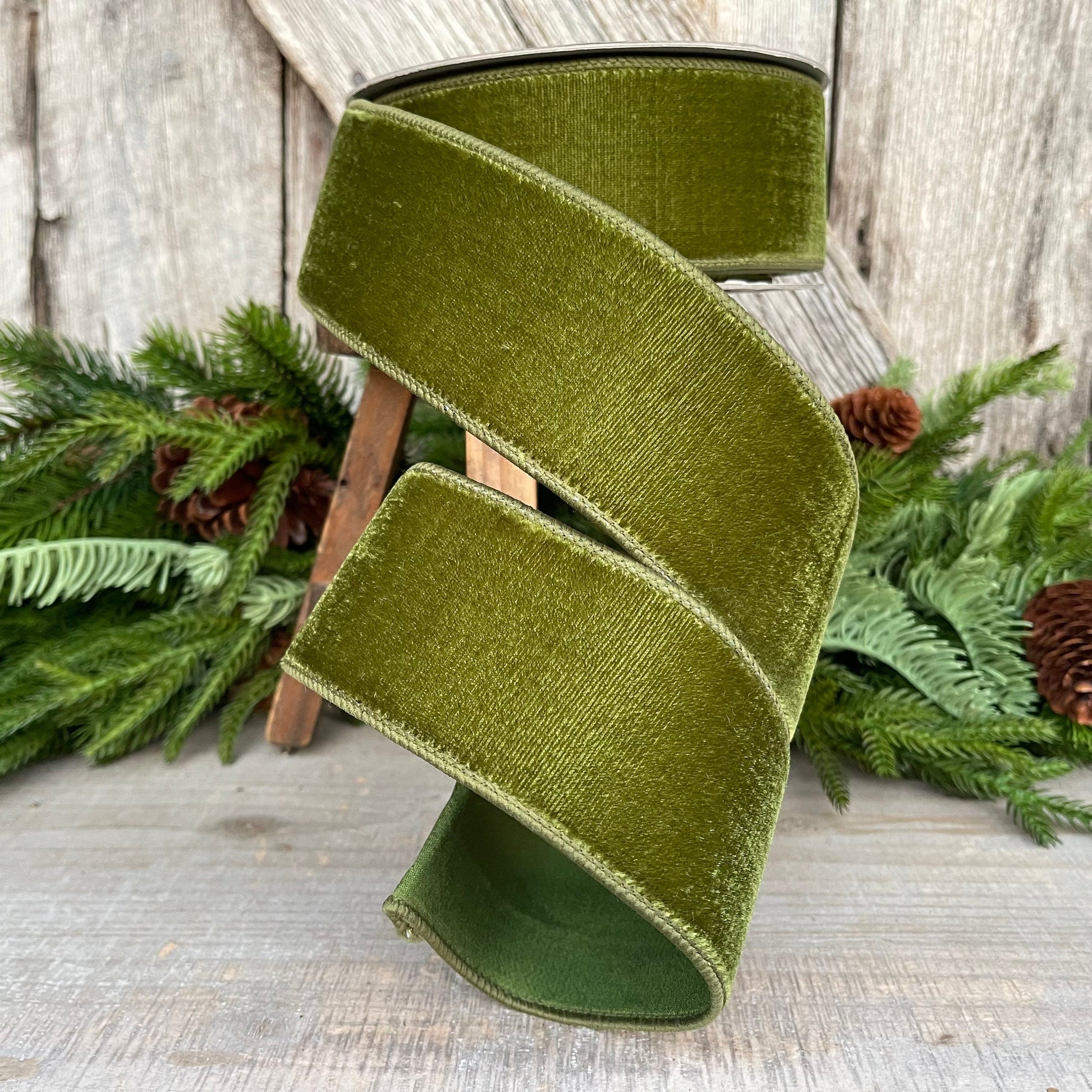 2.5" Forest Green Velvet Ribbon, Farrisilk Ribbon, Wired Ribbon