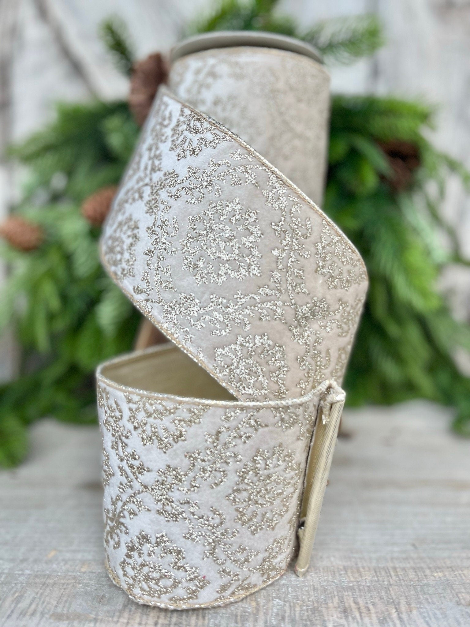4" Ivory Gold Velvet Christmas Ribbon, 4" Ivory and Gold Filigree Wired Edge, Christmas Tree RIbbon