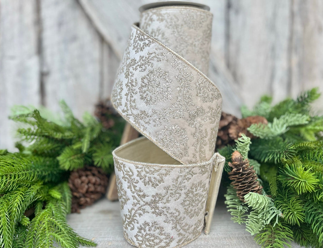 4" Ivory Gold Velvet Christmas Ribbon, 4" Ivory and Gold Filigree Wired Edge
