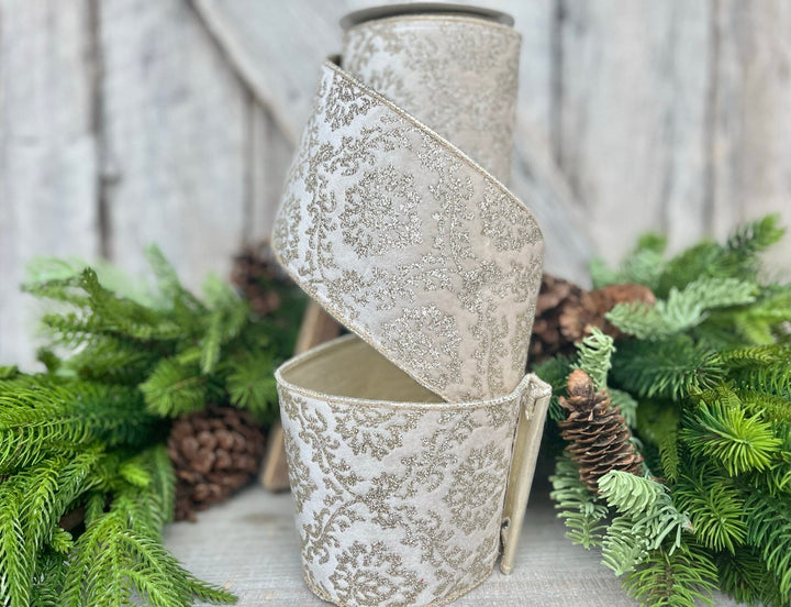 4" Ivory Gold Velvet Christmas Ribbon, 4" Ivory and Gold Filigree Wired Edge