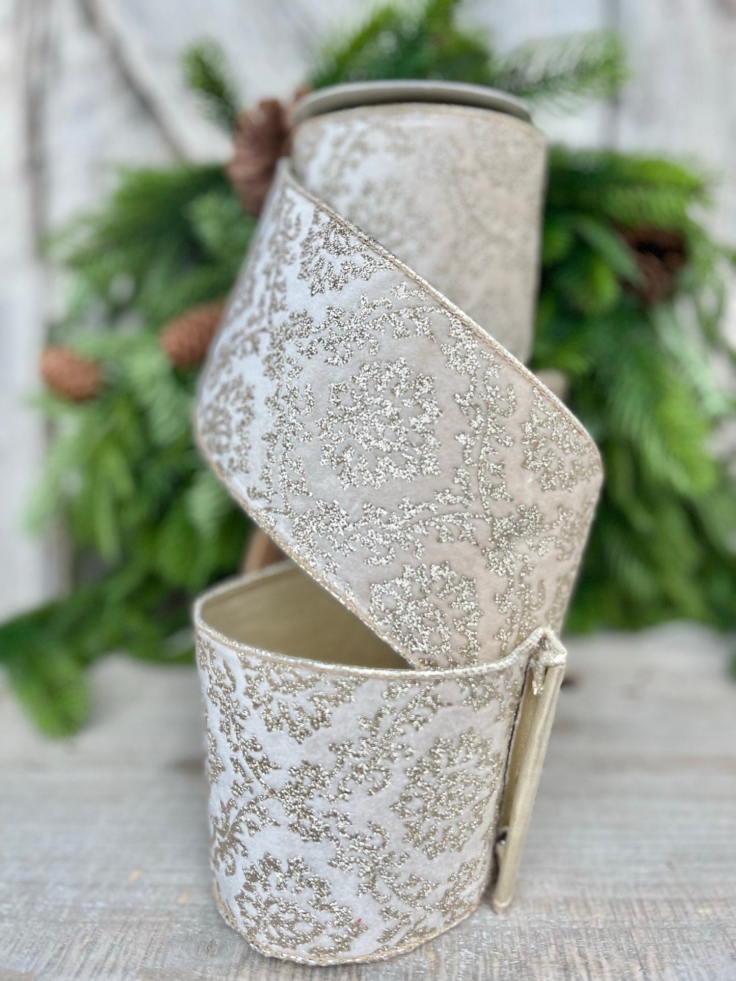 4" Ivory Gold Velvet Christmas Ribbon, 4" Ivory and Gold Filigree Wired Edge, Christmas Tree RIbbon