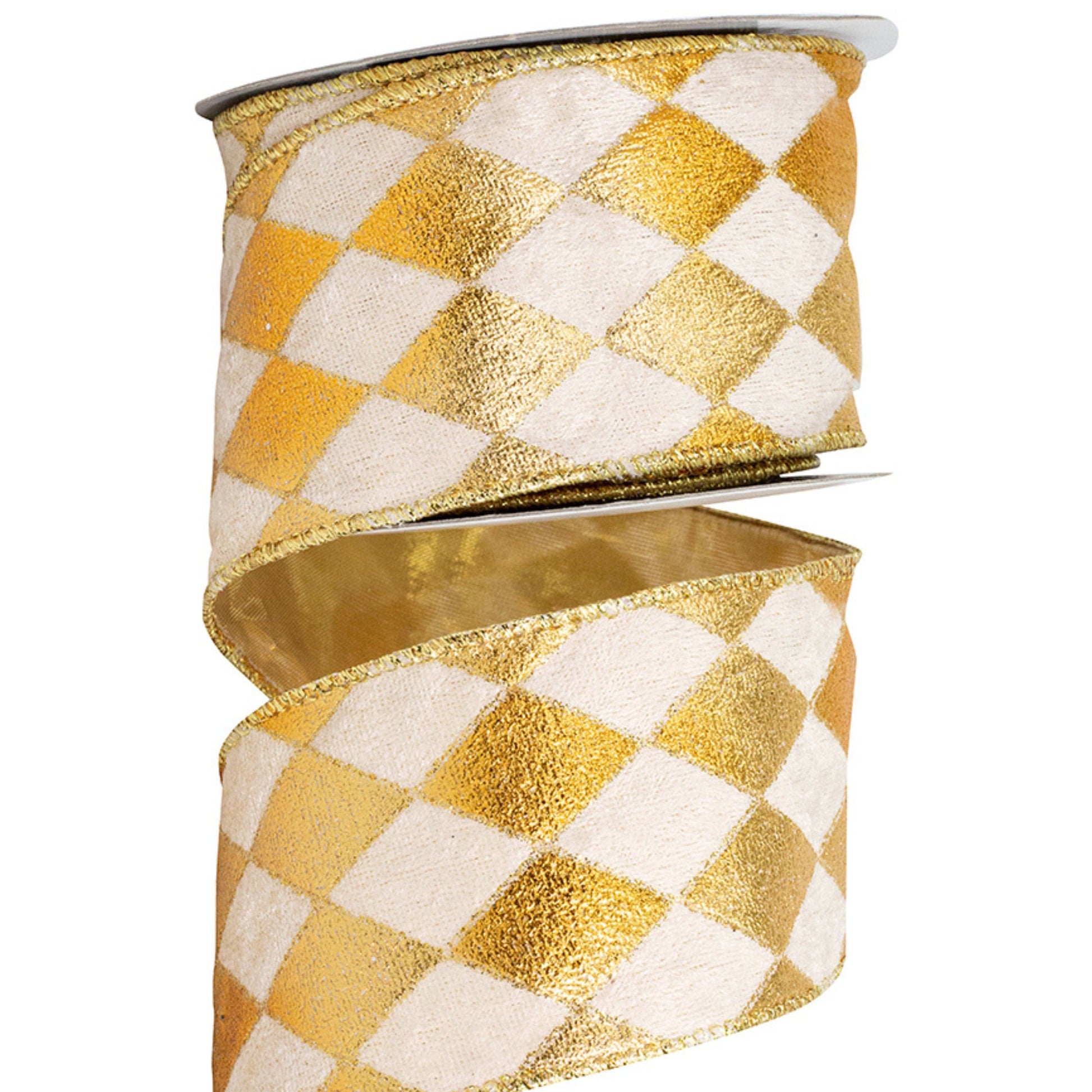 2.5" Gold Harlequin Ribbon, Velvet Diamond Ribbon, Gold and Cream Harlequin Ribbon