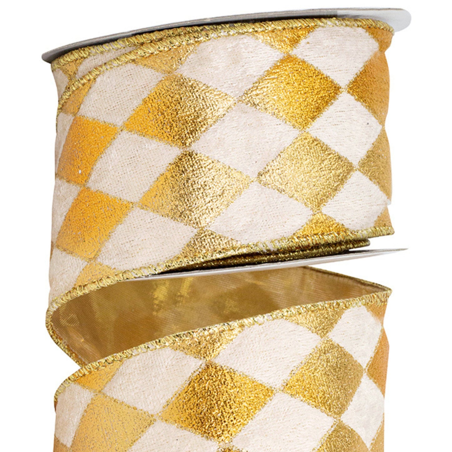 2.5" Gold Harlequin Ribbon, Velvet Diamond Ribbon, Gold and Cream Harlequin Ribbon
