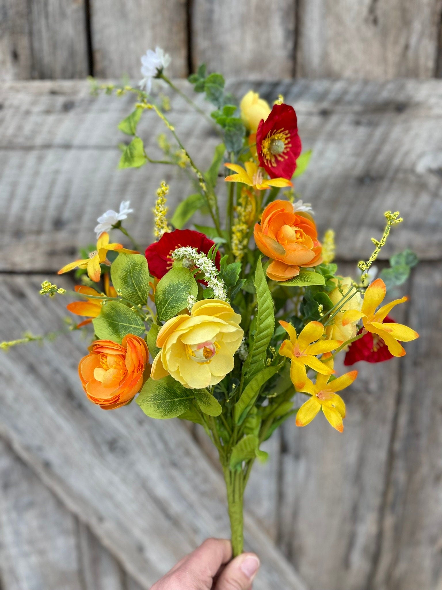 18" Yellow Red Ranunculus Poppy Bush, Spring Bush, Bright Floral Bush
