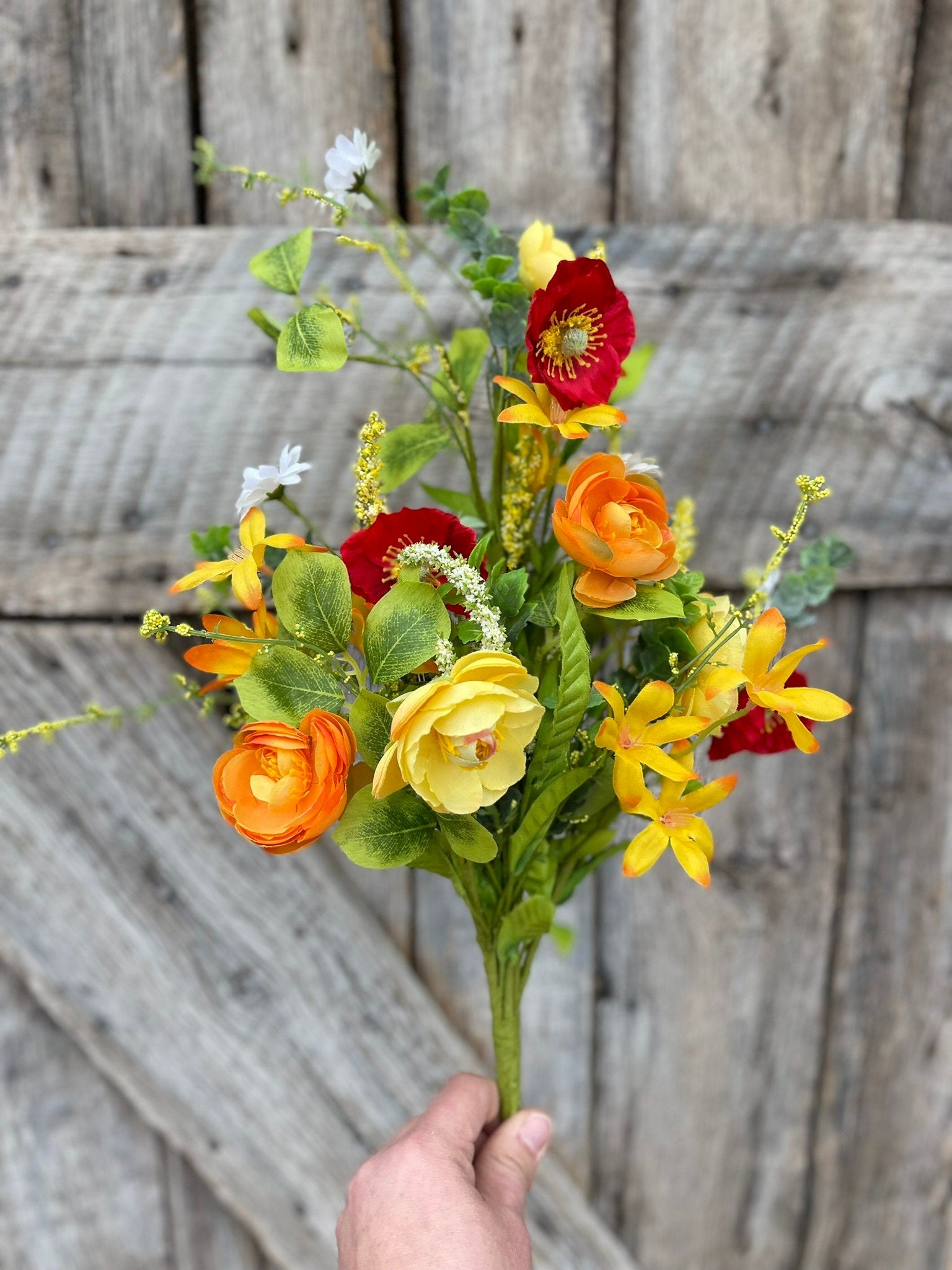 18" Yellow Red Ranunculus Poppy Bush, Spring Bush, Bright Floral Bush