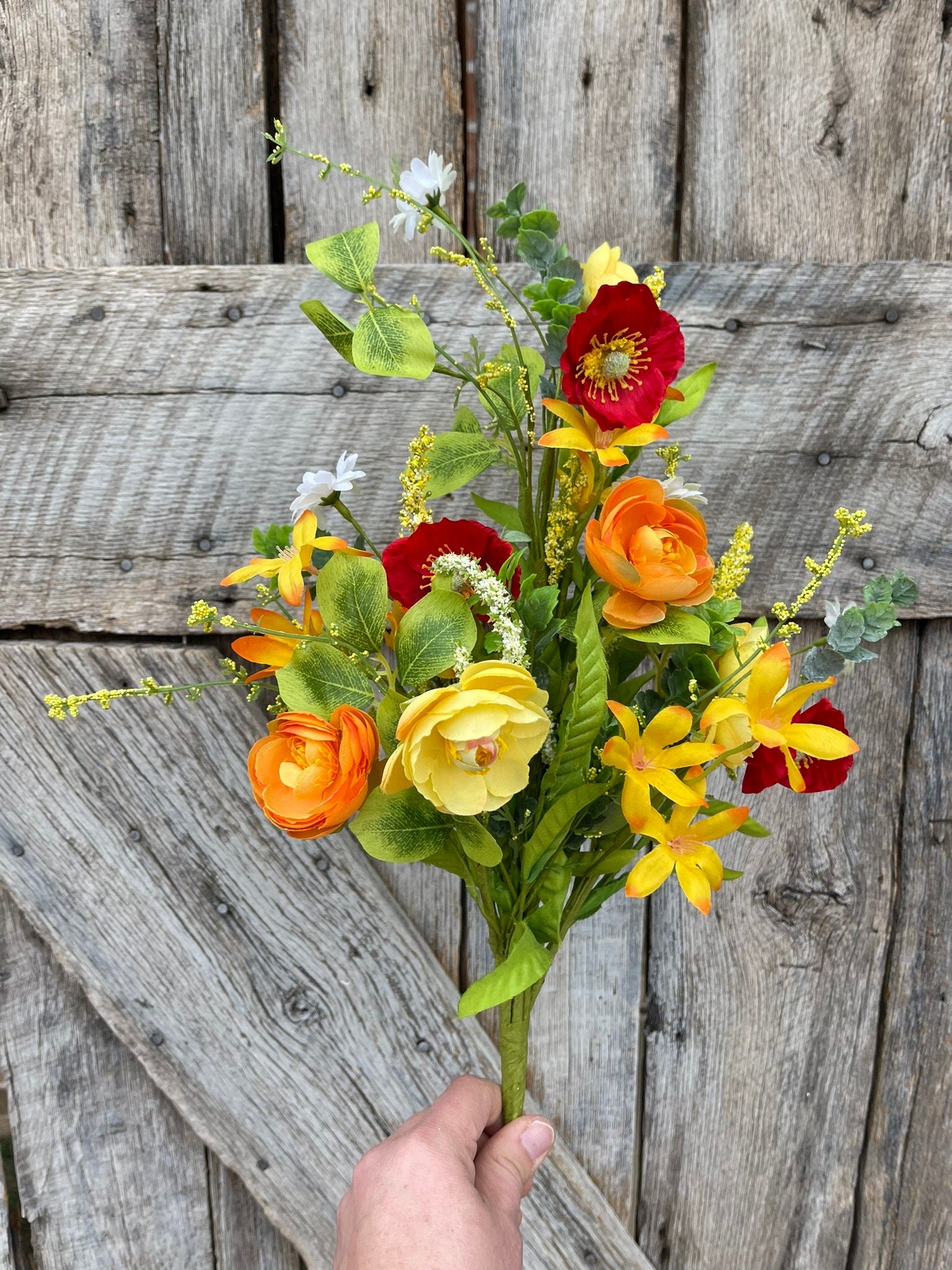 18" Yellow Red Ranunculus Poppy Bush, Spring Bush, Bright Floral Bush