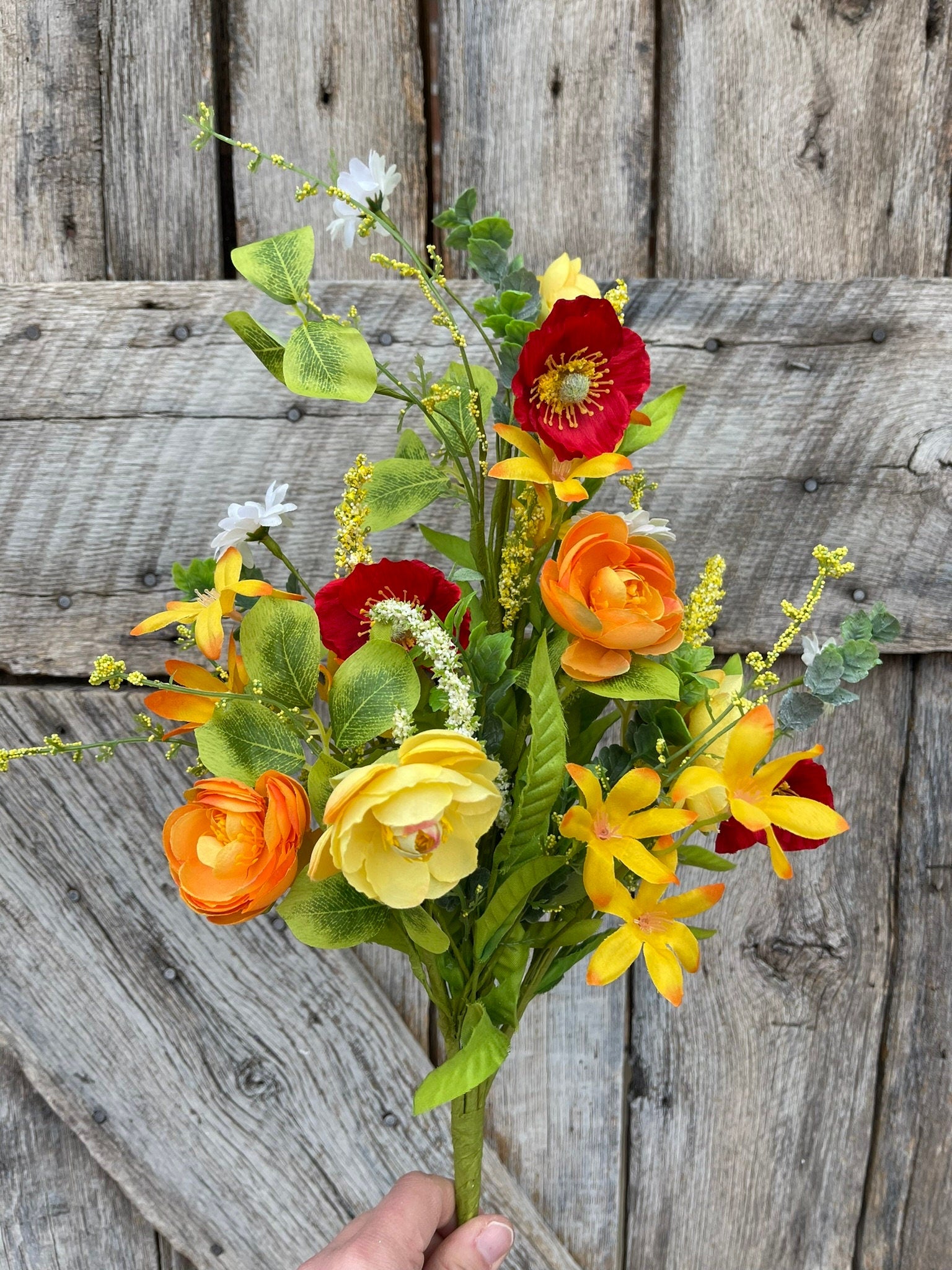 18" Yellow Red Ranunculus Poppy Bush, Spring Bush, Bright Floral Bush