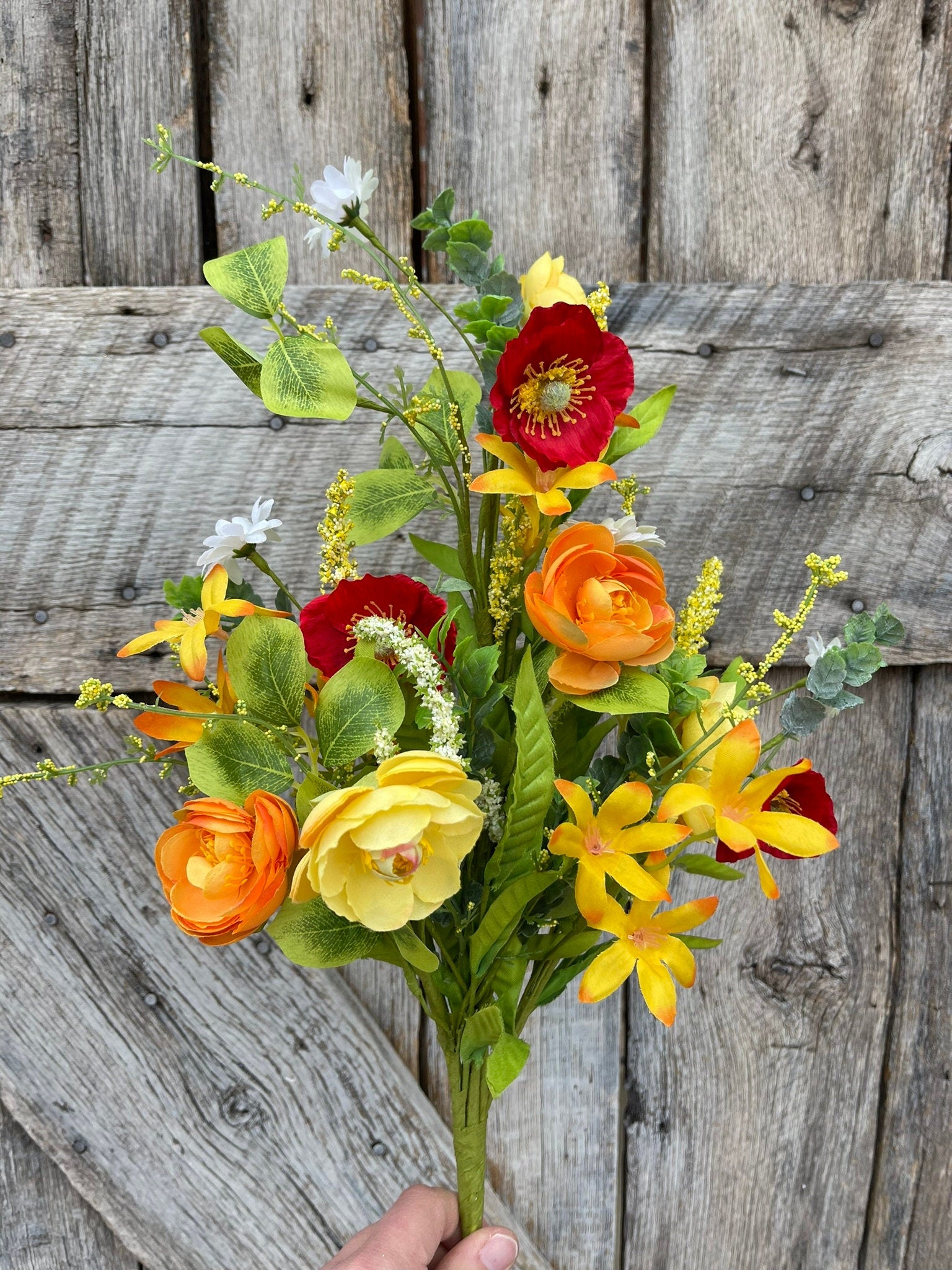18" Yellow Red Ranunculus Poppy Bush, Spring Bush, Bright Floral Bush