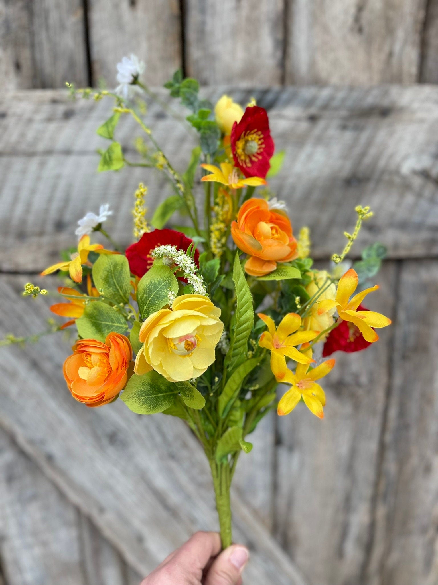 18" Yellow Red Ranunculus Poppy Bush, Spring Bush, Bright Floral Bush