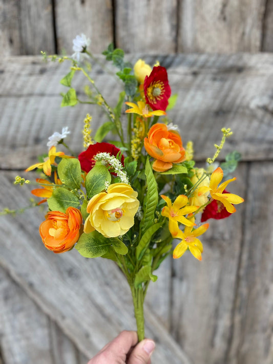 18" Yellow Red Ranunculus Poppy Bush, Spring Bush, Bright Floral Bush