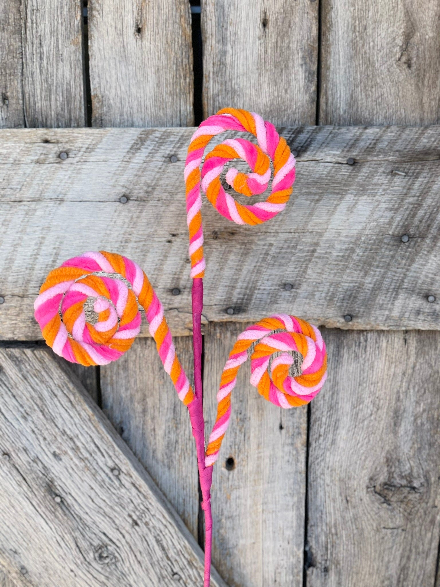 20" Pink Orange Stripe Spiral Curly Spray, Easter Decor, Wreath Spray