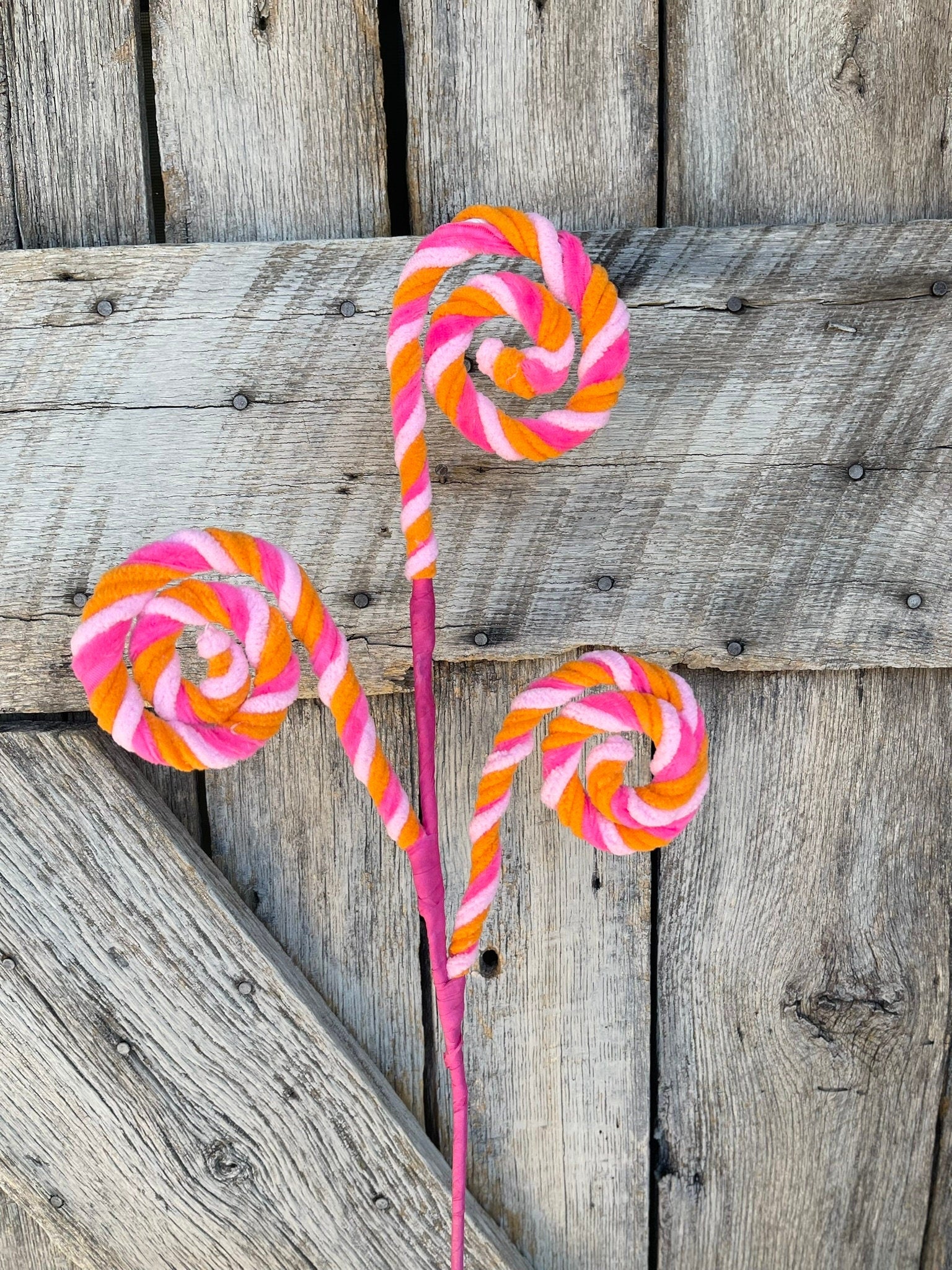 20" Pink Orange Stripe Spiral Curly Spray, Easter Decor, Wreath Spray