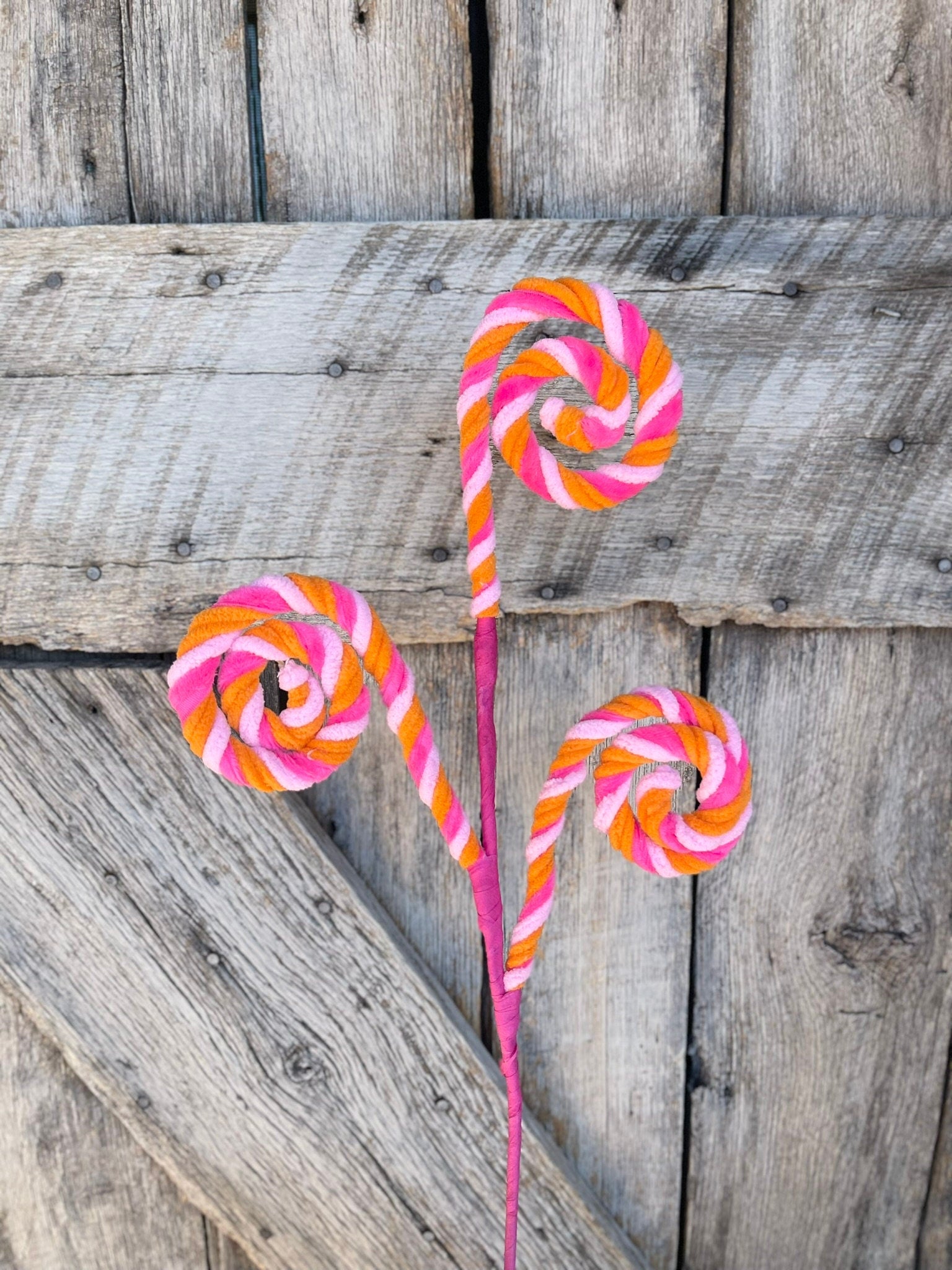 20" Pink Orange Stripe Spiral Curly Spray, Easter Decor, Wreath Spray