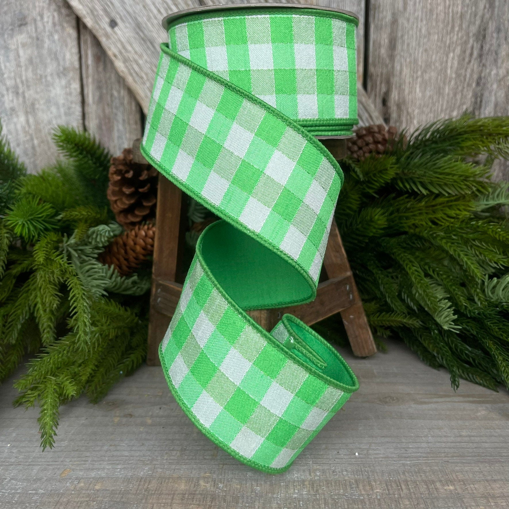 2.5" Green Plaid Stitchery Ribbon, Farrisilk Ribbon