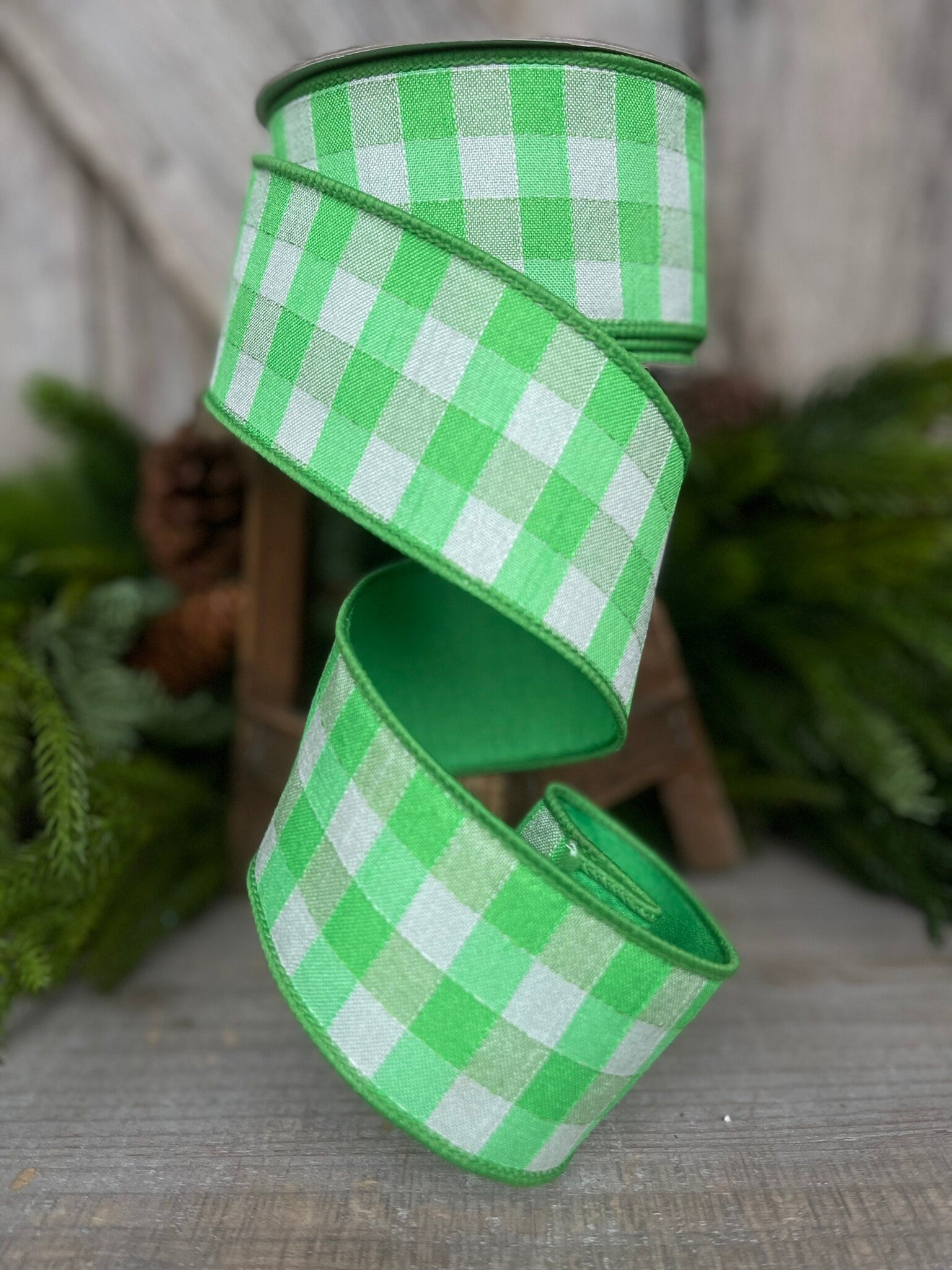 2.5" Green Plaid Stitchery Ribbon, Farrisilk Ribbon