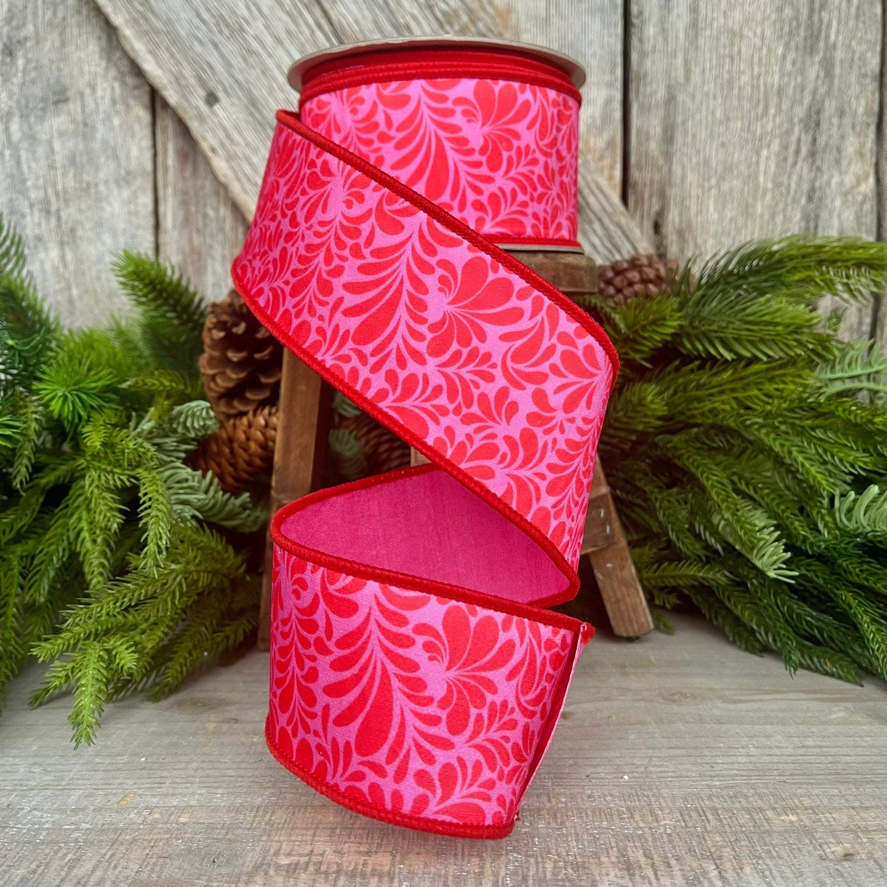2.5" Red Pink Mod Paisley Ribbon, Farrisilk Ribbon, Spring Ribbon