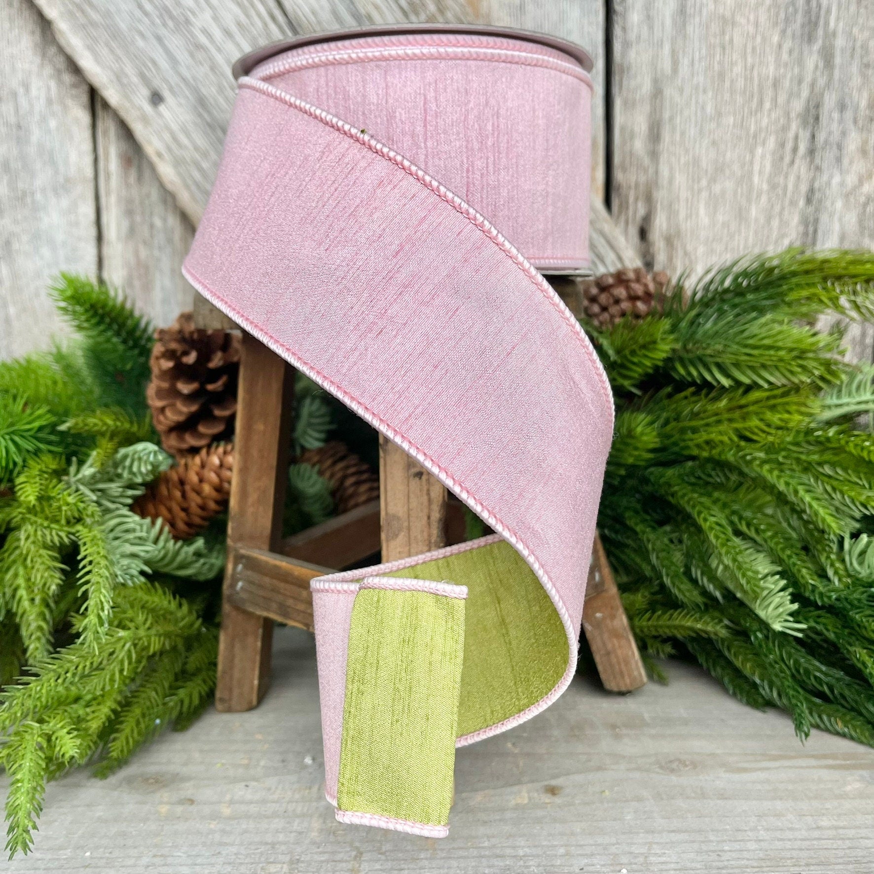 2.5" Rose Pink Spring Greenery Ribbon,Farrisilk Ribbon, Light Pink Green Ribbon