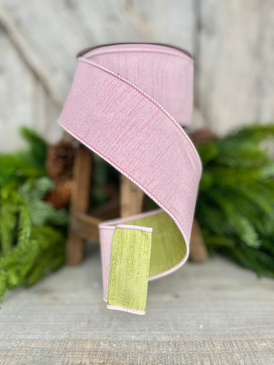 2.5" Rose Pink Spring Greenery Ribbon,Farrisilk Ribbon, Light Pink Green Ribbon