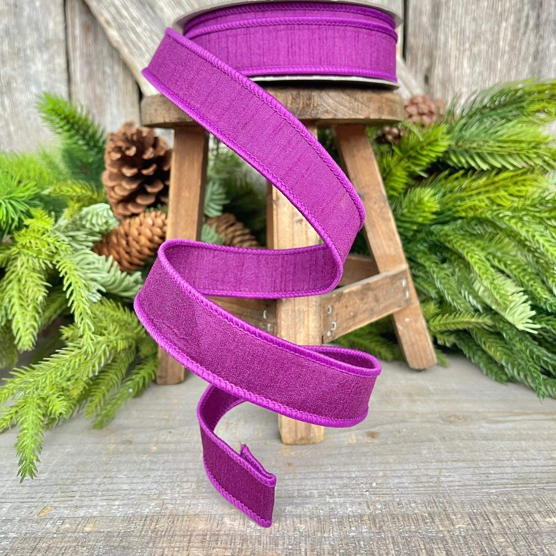 1” Purple Dupion Ribbon, Farrisilk ribbon, wired ribbon