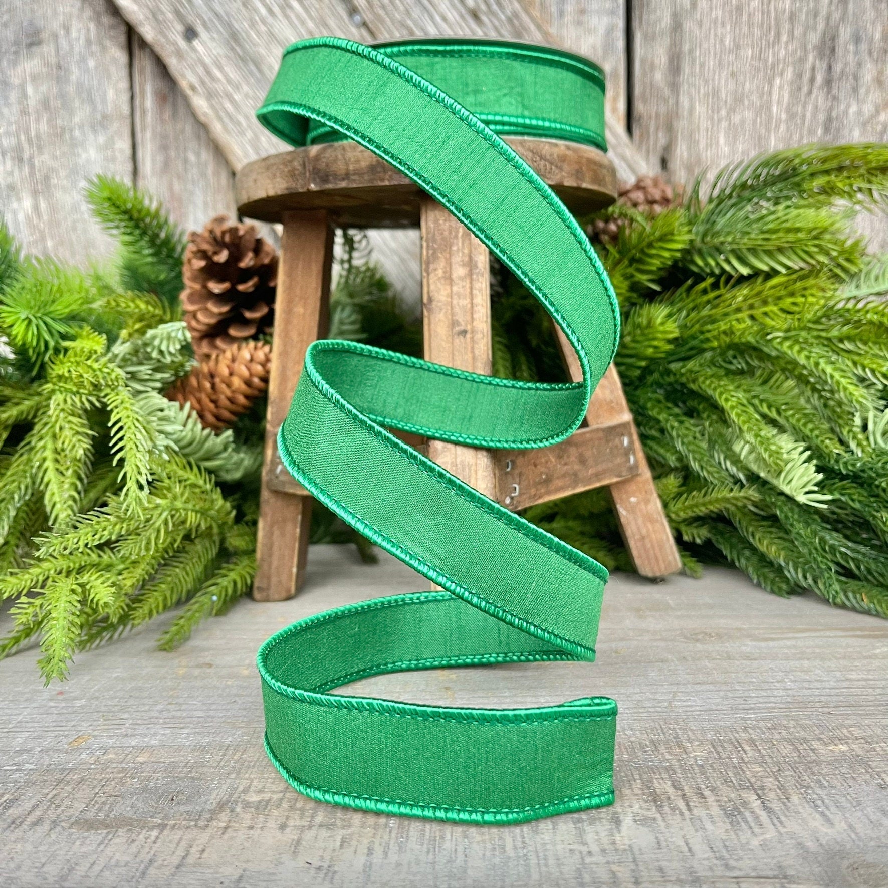 1" Emerald Green Dupion Ribbon, Farrisilk Ribbon, Wired Ribbon