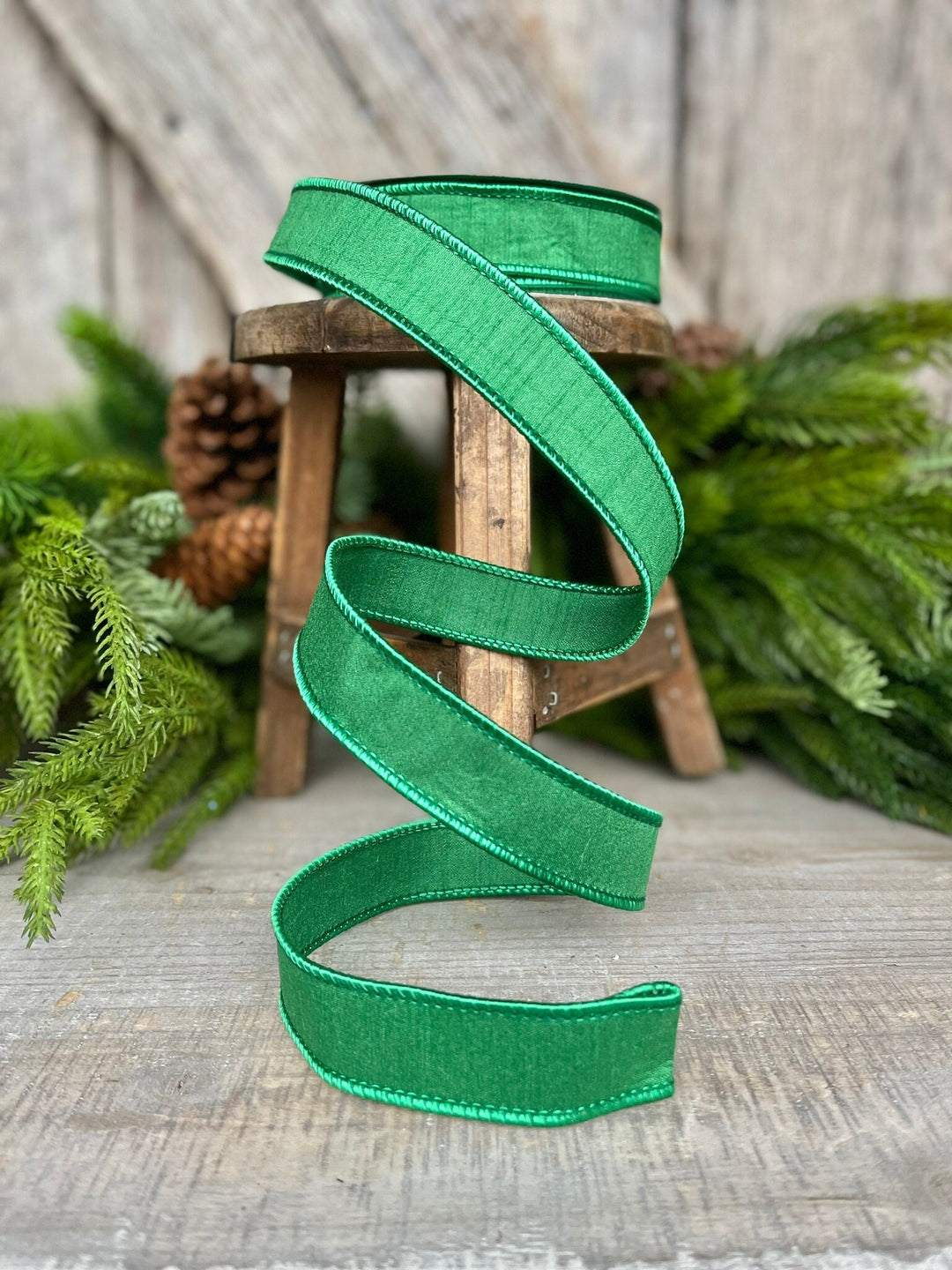 1" Emerald Green Dupion Ribbon, Farrisilk Ribbon, Wired Ribbon