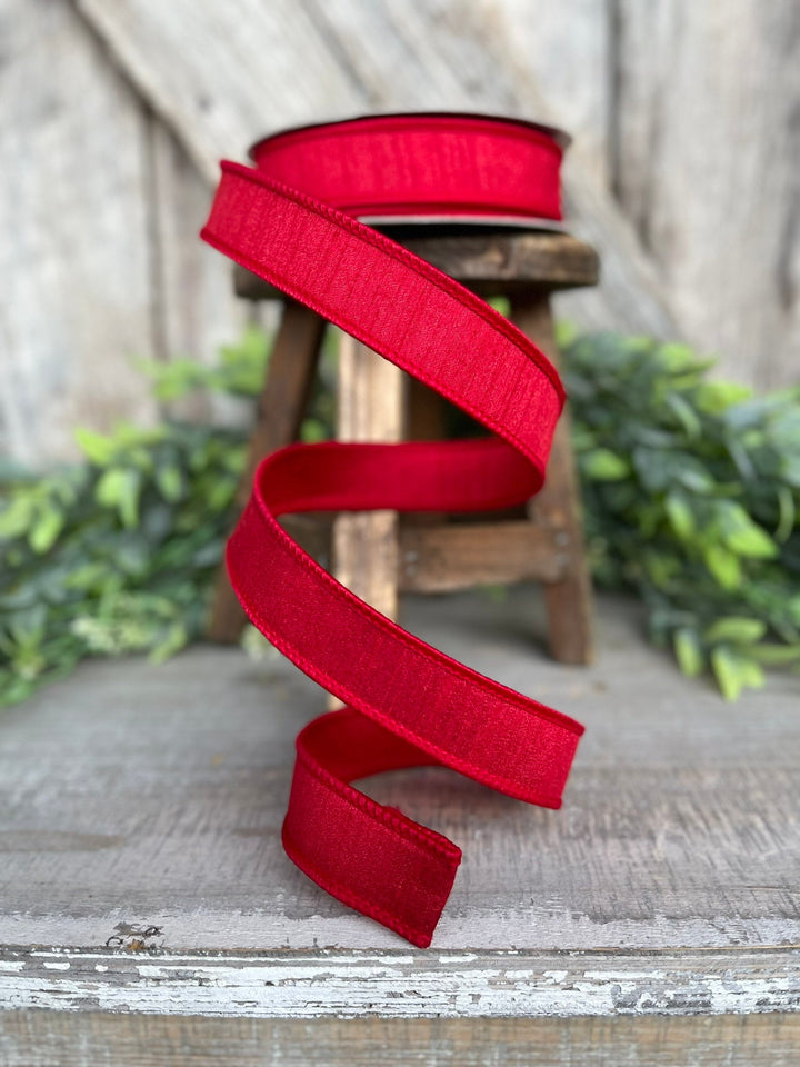 1” Red Dupion Ribbon, Farrisilk ribbon, wired ribbon