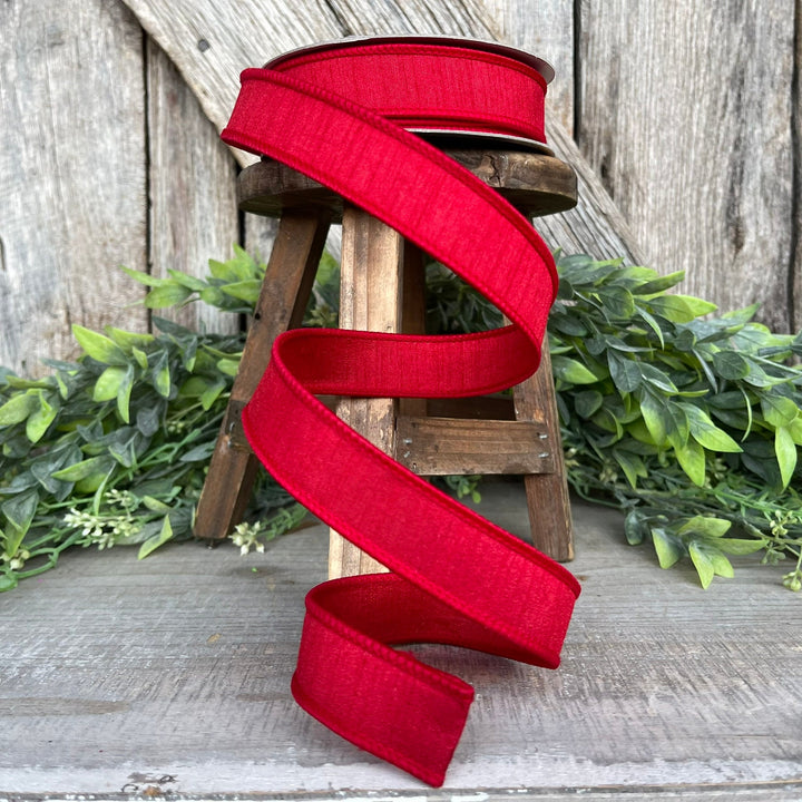 1” Red Dupion Ribbon, Farrisilk ribbon, wired ribbon
